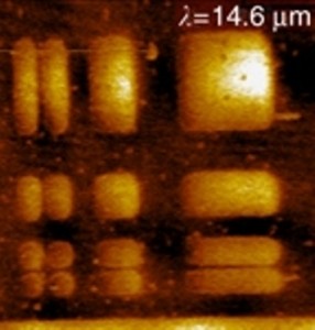This atomic-force microscopy image shows the strontium ruthenate rectangles that were imaged with perovskite-based superlens using incident IR light of 14.6 micrometer wavelengths. Image from Kehr, et. al)