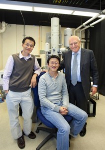 Peidong Yang (left), Wenyu Huang, and Gabor Somorjai were members of a Berkeley Lab team that developed the first bilayered metal-metal oxide nanocrystals to feature multiple catalytic sites on nanocrystal interfaces. (Photo by Roy Kaltschmidt, Berkeley Lab Public Affairs)