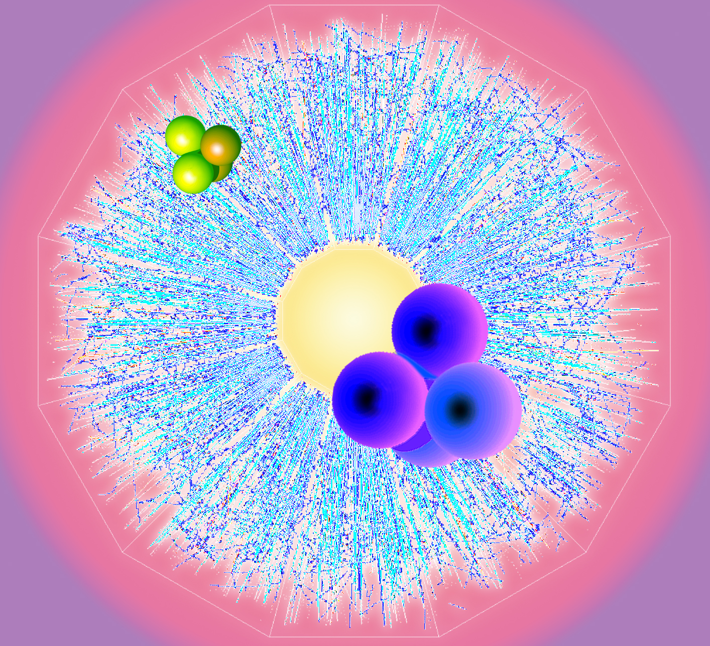 Roughly equal amounts of matter and antimatter are created in the collision of energetic gold nuclei, but because the fireball expands and cools quickly, antimatter can survive longer than that created in the big bang. In this collision an ordinary helium-4 nucleus (background) is matched by a nucleus of antihelium-4 (foreground). 