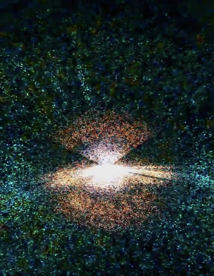 BOSS is extending the existing Sloan Digital Sky Survey map of the universe based on galaxies, center, into the realm of intergalactic gas in the distant universe, using the light from bright quasars (blue dots). (Sloan Digital Sky Survey)