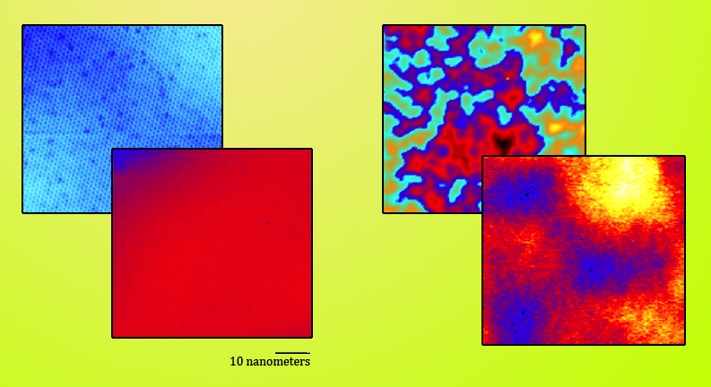 Results of measuring graphene on a boron nitride substrate are at left, graphene on silicon dioxide at right. The STM mapped both the typography of the systems (back) and the local charge densities (front). Graphene on boron nitride is extraordinarily flat, and inhomogeniety of local charge statesis is signicantly reduced compared to silicon dioxide. 