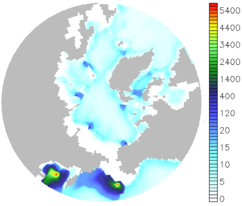 This image, from a simulation in which oxygen levels were limited, reveals methane concentration in the Arctic Ocean after 30 years of clathrate dissociation due to ocean warming. The colors indicate depth-integrated methane concentration in millimoles per square meter. The marine environment is no longer able to break down some of the methane, as indicated by spikes in methane concentration at all eight plumes, most notably at the plumes in the Okhotsk Sea and Bering Sea at the bottom of the image. Further research will explore how much of this methane will reach the surface. North America is on the right, Russia is on the left.