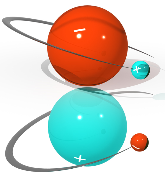 In an antihydrogen atom (top), a positively charged antielectron, or positron, orbits a negatively charged antiproton -- the mirror image of an ordinary hydrogen atom (bottom). (Chukman So, copyright © 2011 Wurtele Research Group. All rights reserved.) 