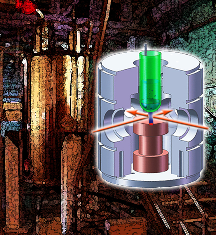 Spectroscopy with conventional nuclear magnetic resonance (NMR) requires large, expensive, superconducting magnets cooled by liquid helium, like the one in the background. The Pines and Budker groups have demonstrated NMR spectroscopy with a device only a few centimeters high, using no magnets at all (foreground). A chemical sample in the test tube (green) is polarized by introducing hydrogen gas in the parahydrogen form. The sample’s NMR is measured with an optical-atomic magnetometer; laser beams crossing at right angles pump and probe the atoms in the microfabricated vapor cell at center. 