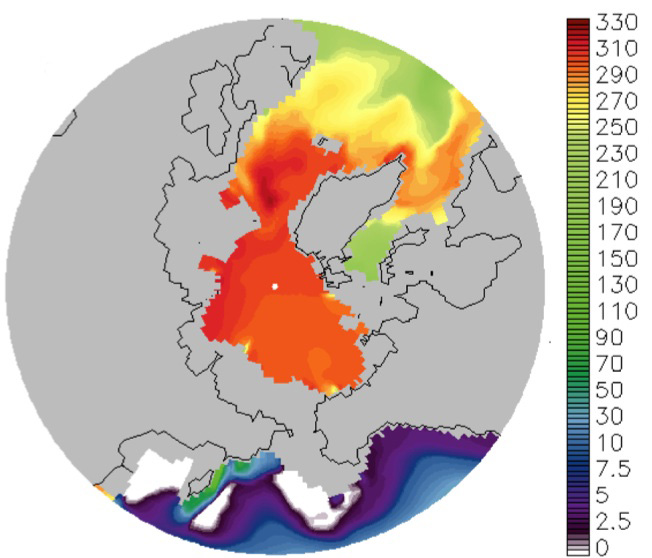 This image reveals simulated dissolved oxygen concentration, in micromoles, at a depth of 300 meters after 30 years of clathrate dissociation. Regions of severe oxygen depletion are indicated by white and purple shades.