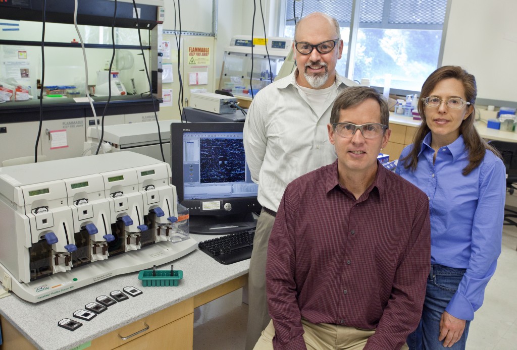 In a development that could lead to better ways to protect food crops from disease, Berkeley Lab scientists unraveled the community of soil microbes that protect sugar beets from root fungus.  From left, Todd DeSantis, Gary Andersen, and Yvette Piceno in the lab where much of the research was conducted. Several PhyloChips are on the table next to them.