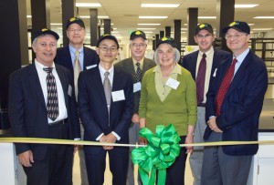 Cutting the ribbon that opened JCAP-North were (from left) Nate Lewis, Eric Rohlfing, Peidong Yang, Heinz Frei, Elaine Chandler, Ed Stolper and Paul Alivisatos.