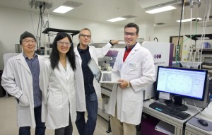 (From left) Timothy Ham, Joanna Chen, Rafael Rosengarten and Nathan Hillson have developed j5, the only DNA construction software that not only makes the process faster and more efficient but also identifies which construction strategy would be the most cost-effective. (Photo by Roy Kaltschmidt, Berkeley Lab)