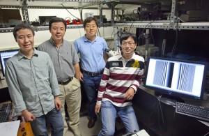 From left Yongmin Liu, Xiang Zhang, Peng Zhang, and Sheng Wang were part of a team that developed the first technique for dynamically controlling plasmonic Airy beams without the need of waveguides and other permanent structures. (Photo by Roy Kaltschmidt)