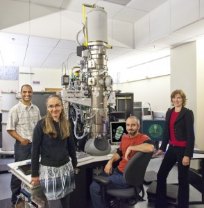 From left, Blake Wiedenheft, Eva Nogales, Gabriel Lander and Jennifer Doudna, used a combination of cryo-electron microscopy and 3-D image reconstruction to determine the structure of Cascade, a protein complex that detects and inactivates invading pathogens. (Photo by Roy Kaltschmidt, Berkeley Lab)