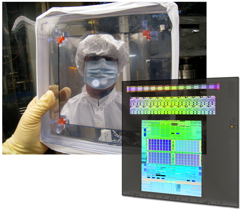 Ken Goldberg holds up an extreme-ultraviolet (EUV) mask, contained in the clear plastic box, that he’s about to measure at the Advanced Light Source’s beamline 11.3.2. Inset is a sample mask, an EUV-absorbing layer printed on a six-inch square glass plate, coated with multiple layers of molybdenum and silicon only a few billionths of a meter thick to reflect unwanted EUV. This patterned layer represents only one level of a working microprocessor or memory chip, which may have 20 or more such levels. Its structures measure less than millionths of a meter and diffract visible light in rainbow patterns. 
