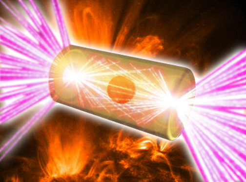 The sun releases energy when, under gravitational pressure, light elements combine to form heavier elements. Scientists seek to control fusion on Earth by different methods. In one form of inertial confinement fusion, target capsules of hydrogen isotopes inside a cylinder (a “hohlraum”) are ignited by intense x rays emitted when the inside of the cylinder is struck by laser or particle beams. (NASA TRACE mission, LLNL National Ignition Facility.) 