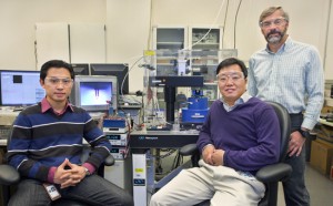 (From left) Debin Wang, Sungwook Chung and James DeYoreo at Berkeley Lab’s Molecular Foundry have shed light on a tip-based fabrication technique for patterning a wide variety of materials on surfaces to build electrical circuits and chemical sensors, or study how pharmaceuticals bind to proteins and viruses. (Photo by Roy Kaltschmidt, Berkeley Lab)