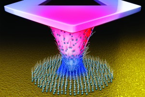 Thermal dip-pen nanolithography turns the tip of scanning probe microscope into a tiny soldering iron that can be used to draw chemical patterns as small as 20 nanometers on surfaces.  (Image courtesy of DeYoreo, et. al)