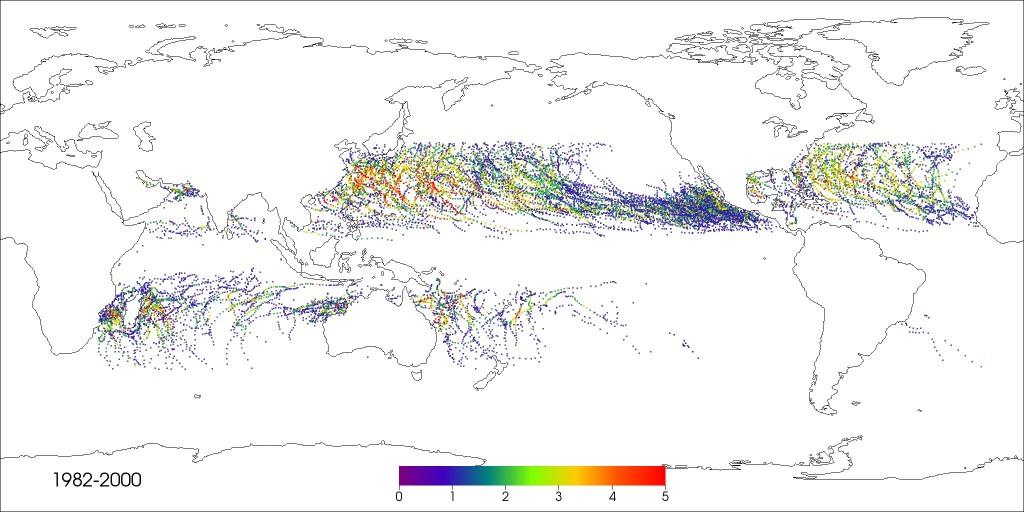 Category 1 through 5 hurricanes and cyclones detected in the CAM5 simulation.