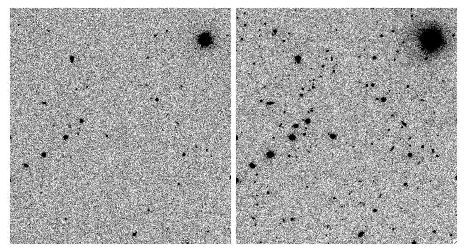 Layering photos of one area of sky taken at various time periods, a process called coaddition, can increase the sensitivity of the images six fold by removing errors and enhancing faint light signals. The image on the left show a single picture of galaxies from the SDSS Stripe 82 area of sky. The image on the right shows the same area with the layered effect, increasing the number of visible, distant galaxies. (Image credit SDSS)  