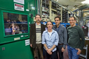 (From left) Paul Adams, Corie Ralston, Jose Henrique Pereira and Ryan McAndrew at the Advanced Light Source where they used the facilities of the Berkeley Center for Structural Biology to reveal important new information on protein folding. (Photo by Roy Kaltschmidt, Berkeley Lab)
