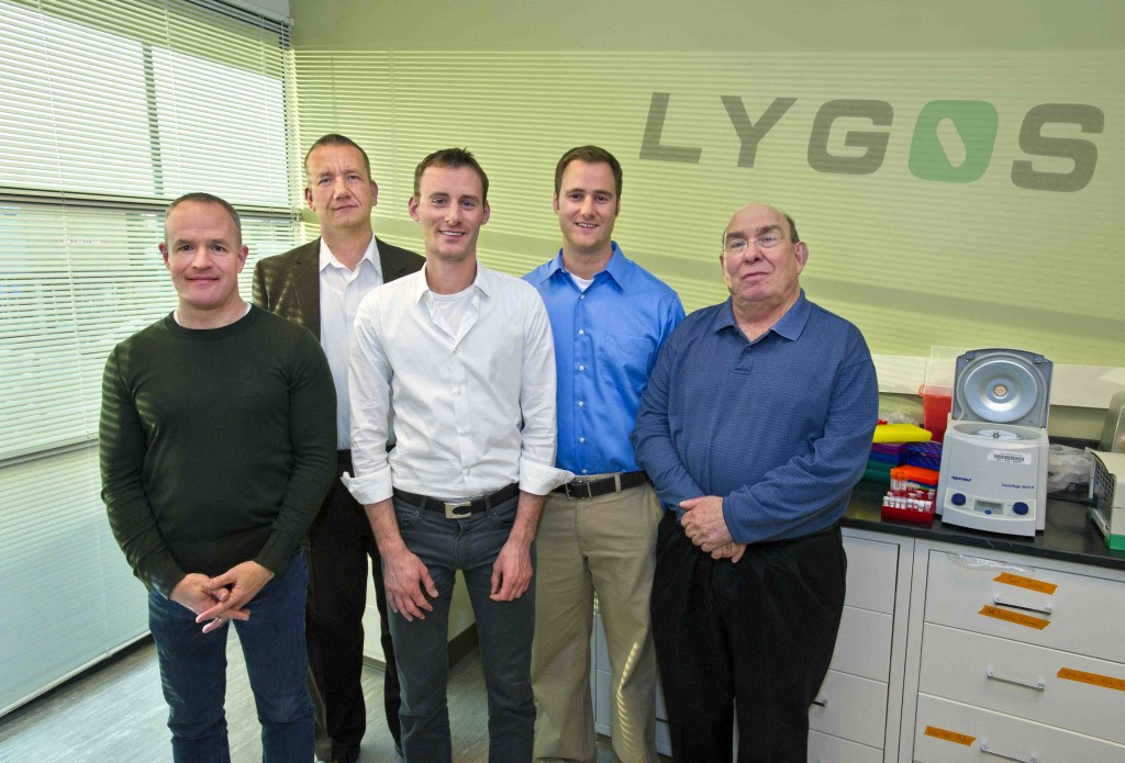 Lygos cofounders Jay Keasling, Clem Fortman, Jeffrey Dietrich, Eric Steen and Leonard Katz (Credit: Roy Kaltschmidt/Berkeley Lab)