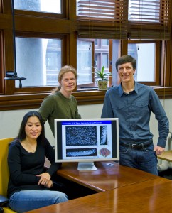 From left, Ting Xu, Kari Thorkelsson and Peter Ercius were part of a team that developed a relatively fast, easy and inexpensive technique for inducing nanorods to self-assemble into one-, two- and even three-dimensional macroscopic structures. (Photo by Roy Kaltschmidt, Berkeley Lab)