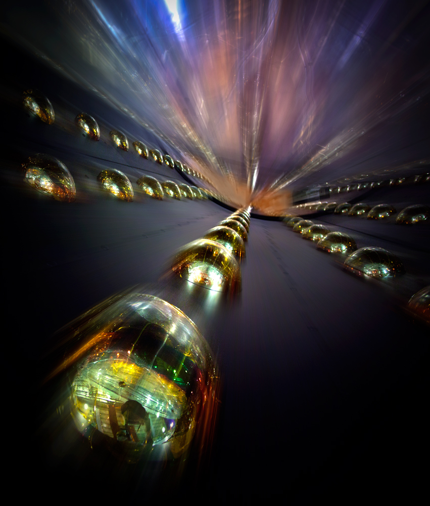 Each antineutrino detector at Daya Bay is lined with photomultiplier tubes to catch the faint trace of rare antineutrino reactions in the scintillator fluids that fill the detectors. (Photo Roy Kaltschmidt, Lawrence Berkeley National Laboratory) 