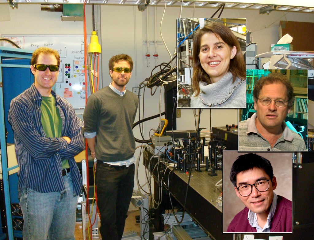 Christopher Smallwood, left, led the ARPES work, and James Hinton led the optical work. Inset from top right, Alessandra Lanzara led the collaboration with Joseph Orenstein and Dung-Hai Lee. All are with Berkeley Lab’s Materials Sciences Division and UC Berkeley’s Department of Physics. 