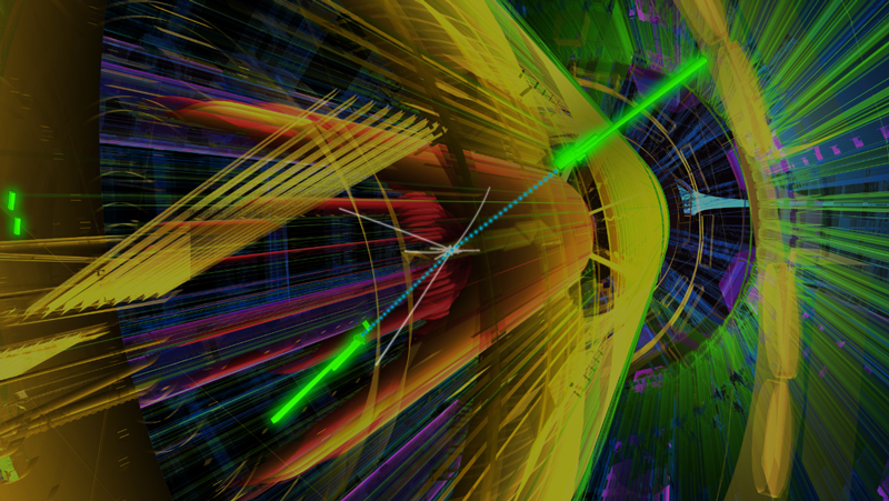 A simulation of the two-photon channel shows what ATLAS will see when the decay of a Higgs boson results in the production of two gamma rays. The blue beads indicate intermediate charged particles, and the bright green rods are the tracks of the gamma rays. While the two-photon channel is far from the most likely way a Higgs would decay, it is easier to observe than others with even noisier backgrounds. 