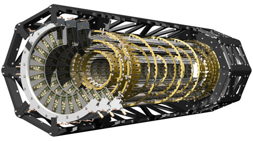 ATLAS’s innermost detector consists of three barrels, the diameter of the outermost equalling 24 centimeters (less than 10 inches), plus three disks; 80 million pixels cover an area of 1.7 square metters (18 square feet). Particle tracks are followed through three layers of pixels for precise measurement of each event.  
