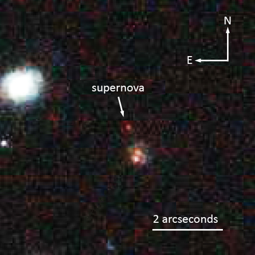 Supernova SCP-0401, nicknamed “Mingus,” was collected by the Hubble Space Telescope in 2004 but could not be positively identified until after the installation of a new camera that serendipitously acquired more data. (Photo Space Telescope Science Institute) 