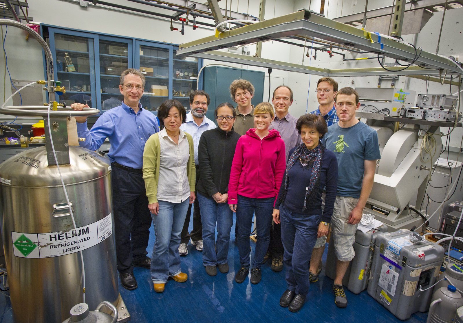 Members of the international team that used the LCLS to image the photosystem II complex at room temperature included (from left) Nick Sauter, Junko Yano, Vittal Yachandra, Rosalie Tran, Jan Kern, Julia Hellmich, Johannes Messinger, Athina Zouni, Johan Hattne and Richard Gildea. (Photo by Roy Kaltschmidt) 
