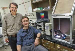 Alex Zettl (left) and Will Regan can make low-cost, high efficiency solar cells from virtually any semiconductor material. (Photo by Roy Kaltschmidt)