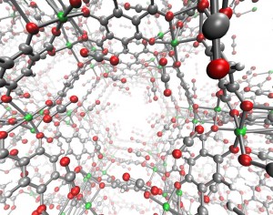 Open-metal site MOFs are crystalline molecular systems that can serve as storage vessels with a sponge-like capacity for capturing and containing carbon dioxide and other flue gases before they enter the atmosphere. (Image courtesy of Berend Smit)