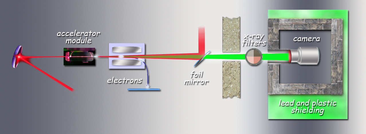 The LOASIS team measured the emittance of the electron beam by recording the spectrum of the x-ray pulse it emitted as the electrons accelerated, a phenomenon known as betatron radiation. The electron pulse itself (multiple pulses are shown here for clarity) is first diverted by the strong magnets of an electron spectrometer. The drive laser beam (red) is then deflected by a mirror of foils, through which the x-ray pulse (green) passes unhindered. The camera is positioned 4.7 meters away behind a window inside a vacuum chamber, surrounded by lead and plastic shielding with additional shielding from a concrete wall.