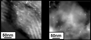 Heterogenized homogeneous nanocatalysts are sustainable as shown by these TEM images in which there is almost no difference in the cluster size of dendrimer-encapsulated gold nanoclusters before (D) and after (E) cyclopropanation reactions. 