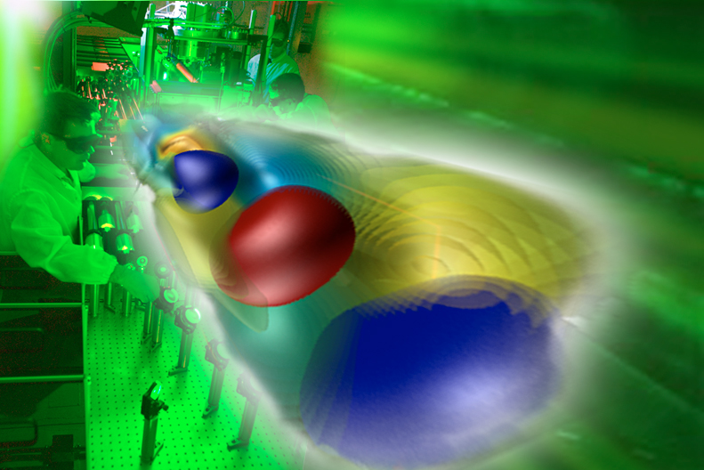 A typical LOASIS set-up, background left, accelerates electron beams to energies of a billion electron volts. The plasma channel of the accelerator may be confined in a capillary or punched through a supersonic jet of dense hydrogen gas. In the foreground right, a “boosted frame” simulation shows how electrons surf the plasma wave generated by a laser pulse. (Photo Roy Kaltschmidt, simulation Jean-Luc Vay and colleagues, Lawrence Berkeley National Laboratory) 