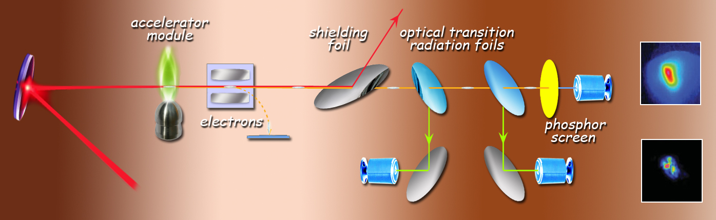 To measure slide-energy spread, momentum modulations are imposed on the beam in the accelerator. The electron beam (multiple pulses shown for clarity) is sampled by a spectrometer near the accelerator and by a phosphor screen at the end of its path. After the drive laser is deflected, electron pulses continue through vacuum, where their momentum modulations become microstructural density modulations. Encountering Mylar foils at 2.3 meters from the accelerator and again at 3.8 meters, the microstructure of the pulse strongly enhances coherent optical transition radiation (COTR). Electron and COTR photon patterns (insets, right) are compared with theoretical predictions to determine beam quality.  