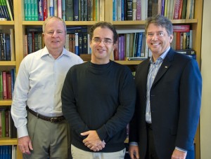 From left, Harvey Blanch, Dean Toste and Douglas Clark led a research team that integrated biological fermentation with chemical catalysis to upgrade simple carbon chains into  into potential fuel molecules. (Photo by Roy Kaltschmidt)