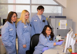Authors of the recent publication in the Biological Nanostructures Laboratory. From left to right: Caroline Ajo-Franklin, Heather Jensen, Matt Hepler, Cheryl Goldbeck
