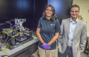 Tania Roy and Ali Javey fabricated a 2D field-effect transistor that provides high electron mobility even under high voltages and scaled to a monolayer in thickness. (Photo by Roy Kaltschmidt, Berkeley Lab)