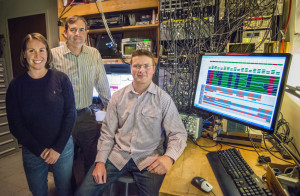 From left, Sydney Schreppler, Dan Stamper-Kurn and Nicolas Spethmann were part of a team that detected the smallest force ever measured using a unique optical trapping system that provides ultracold atoms. (Photo by Roy Kaltschmidt)