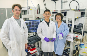 A research team that included (from left) Josh Heazlewood,  Jeemeng Lao and Ai Oikawa, developed the JBEI GT Collection to provide a functional genomic resource for advanced biofuels research. (Photo by Roy Kaltschmidt)
