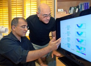 Vikram Bajaj (left) and Alexander Pines are exploring the use of hyperpolarized xenon gas as a contrasting agent for NMR. (Photo by Roy Kaltschmidt)