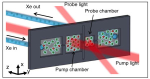 In this experimental set-up, unpolarized  xenon gas goes in and hyperpolarized xenon gas emerges from a microfluidic chip when the gas becomes polarized through spin exchange with optically pumped rubidium atoms in the chip. 