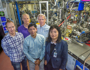 From left, Matthew Langner, Stephan Kevan, Sujoy Roy, Robert Schoenlein and Xiaowen Shi were part of an international team of researchers that used the Advanced Light Source to provide new information on the quasiparticles known as skyrmions. (Photo by Roy Kaltschmidt)