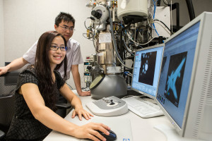 Haimei Zheng and Hong-Gang Liao used TEMs at the National Center for Electron Microscopy and a K2-IS camera to record the first direct observations facet formation in platinum nanocubes. (Photo by Kelly Owen)