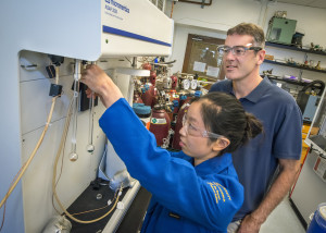 Jeff Long, Materials Sciences scientist, with student Dianne Xiao - research in using MOFs to oxidize ethane to ethanol. Credit: Roy Kaltschmidt