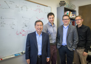 (From left) Steve Louie, Marco Bernardi, Jeff Neaton and Johannes Lischner developed the first ab initio method for characterizing hot carriers in semiconductors. (Photo by Roy Kaltschmidt)