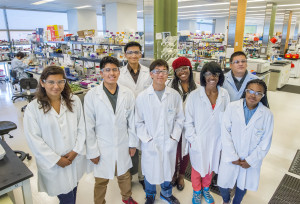 These eight Bay Area high school students are participating in this summer’s iCLEM program, earning money and gaining “college knowledge” while conducting scientific research at the Joint BioEnergy Institute. (Photo by Roy Kaltschmidt)