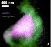 The dust particle called Hylabrook contained the crystalline mineral olivine (pink), an amorphous material containing magnesium, and iron (green). Credit: Westphal et al. 2014, Science/AAAS