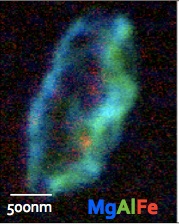 The dust speck called Orion also contained crystalline minerals olivine and spinel as well an an amorphous material containing magnesium, and iron. Credit: Westphal et al. 2014, Science/AAAS 
