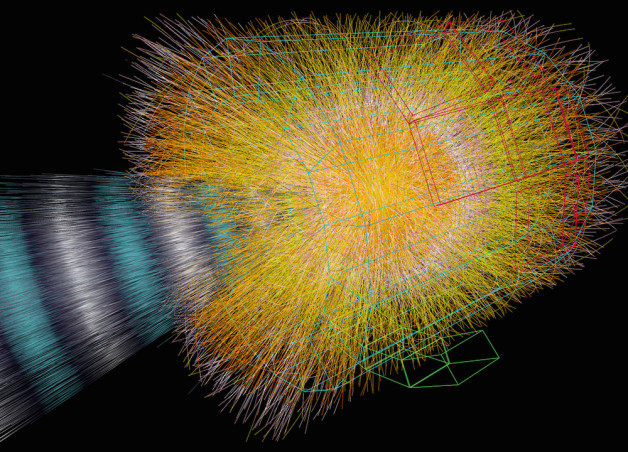 A simulated collision of lead ions, courtesy the ALICE experiment at CERN.